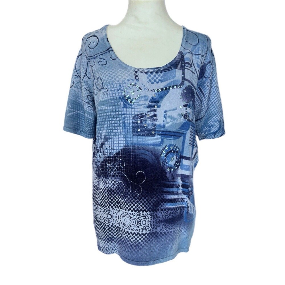 ZHEN PAI blue short-sleeve top Abstract Embellished Print